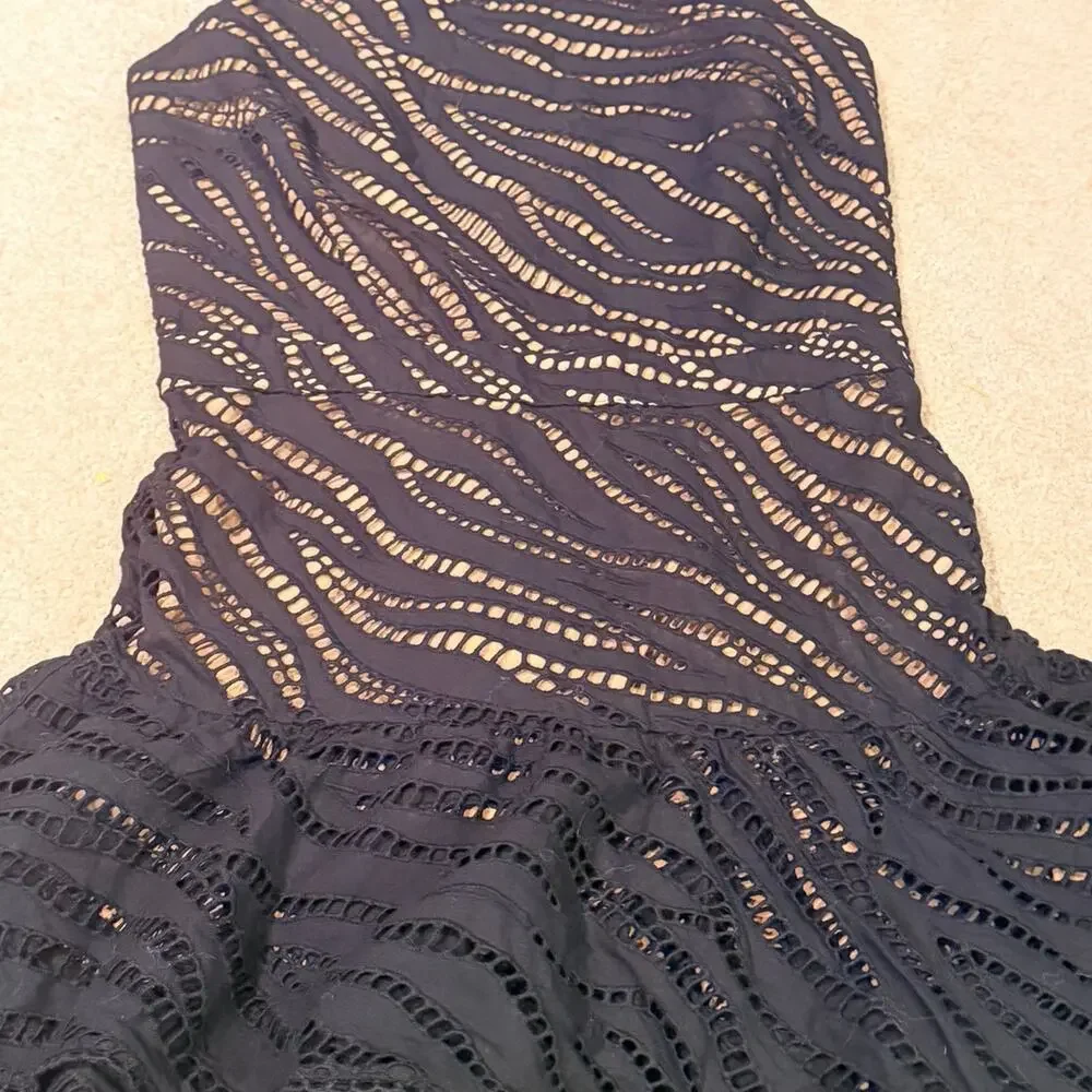 Michael Kors Dress Size 2 Black Zebra Eyelet Cotton Flounce Cutout Mini Nude